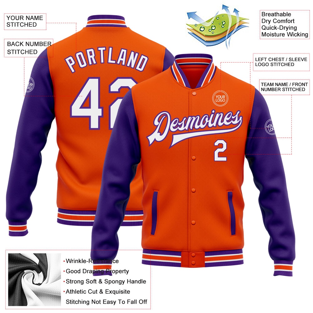 Custom Orange White Purple Bomber Full Snap Varsity Baseball Jacket, Custom Team Jacket Custom Orange White Purple Bomber Full Snap Varsity Baseball Jacket, Custom Team Jacket