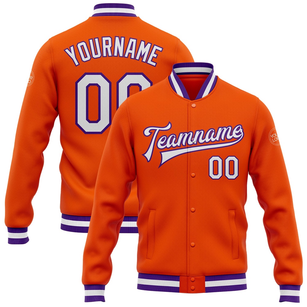 Custom Orange White Purple Bomber Full Snap Varsity Letterman Jacket, Custom Team Jacket Custom Orange White Purple Bomber Full Snap Varsity Letterman Jacket, Custom Team Jacket