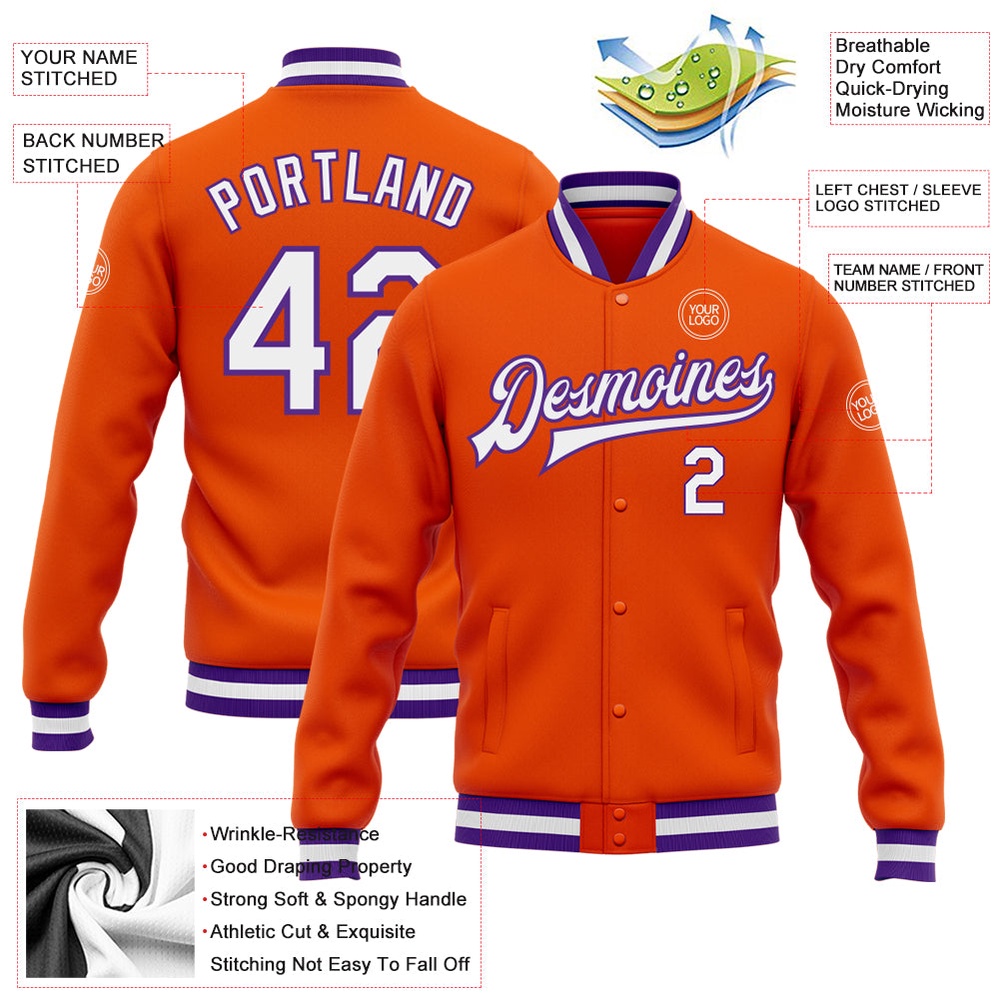 Custom Orange White Purple Bomber Full Snap Varsity Letterman Jacket, Custom Team Jacket Custom Orange White Purple Bomber Full Snap Varsity Letterman Jacket, Custom Team Jacket