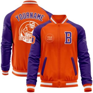 Custom Orange White Purple Bomber Varsity Baseball…