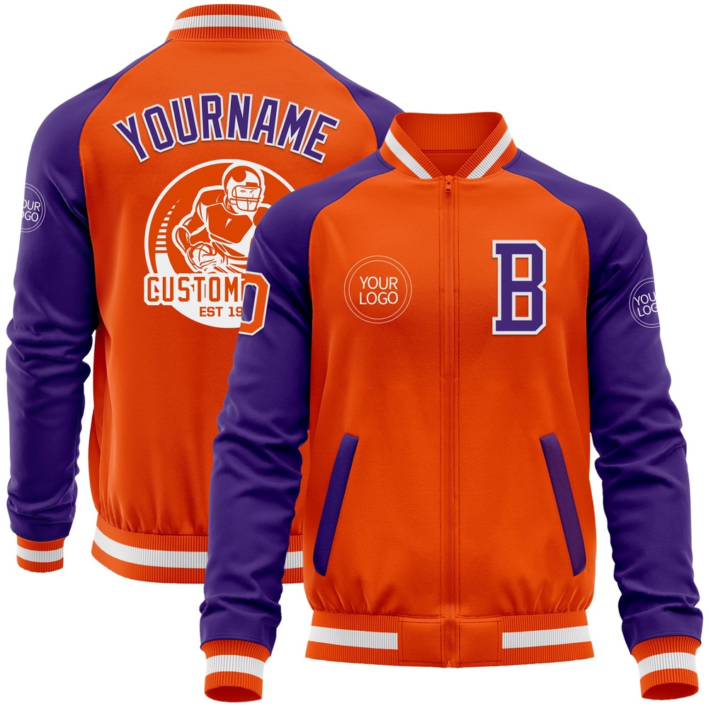 Custom Orange White Purple Bomber Varsity Baseball Jacket, Custom Team Jacket Custom Orange White Purple Bomber Varsity Baseball Jacket, Custom Team Jacket