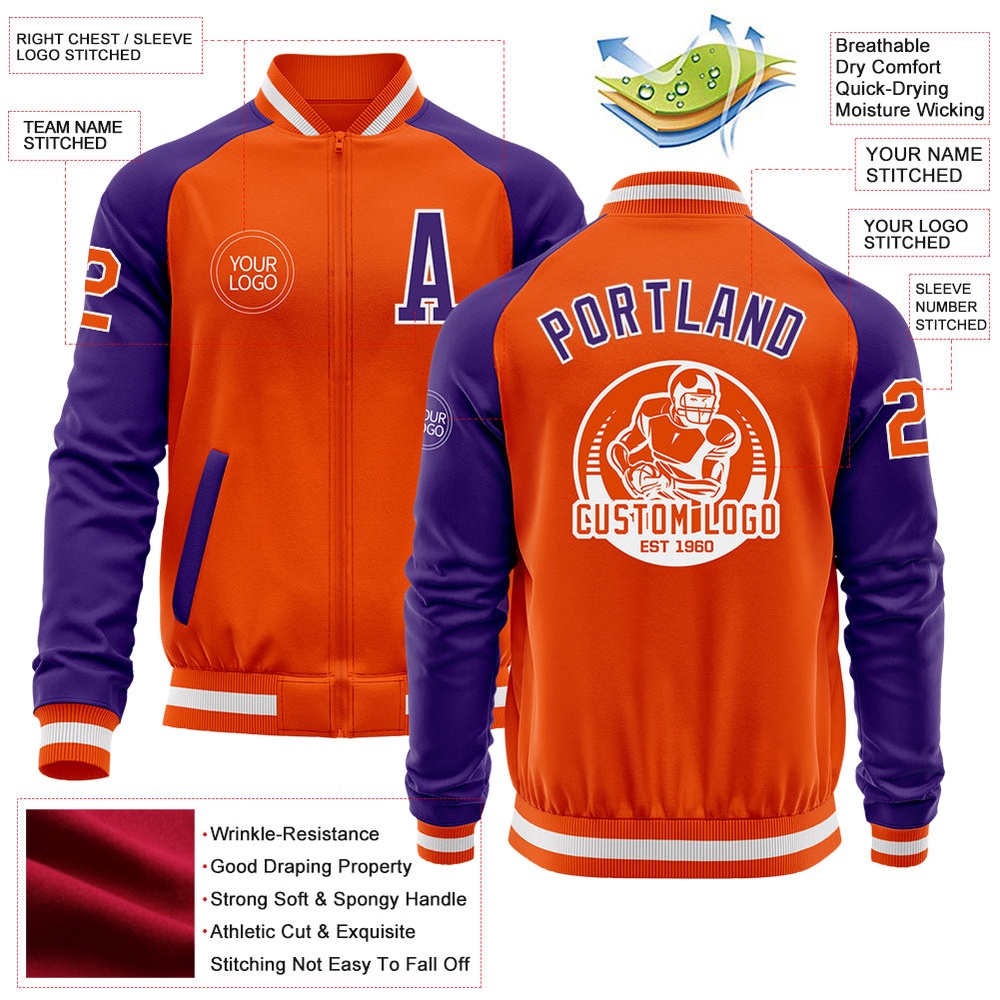 Custom Orange White Purple Bomber Varsity Baseball Jacket, Custom Team Jacket Custom Orange White Purple Bomber Varsity Baseball Jacket, Custom Team Jacket