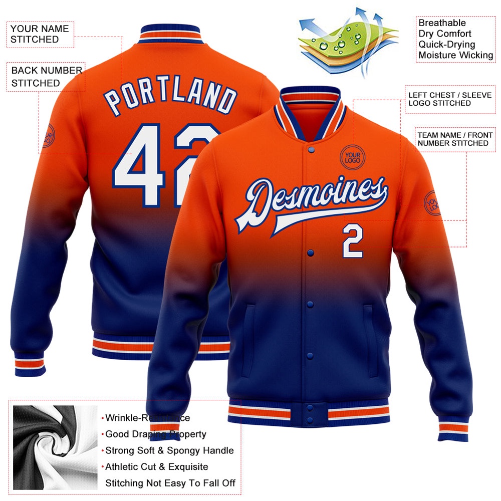 Custom Orange White Royal Bomber Full Snap Baseball Jacket, Custom Team Jacket Custom Orange White Royal Bomber Full Snap Baseball Jacket, Custom Team Jacket