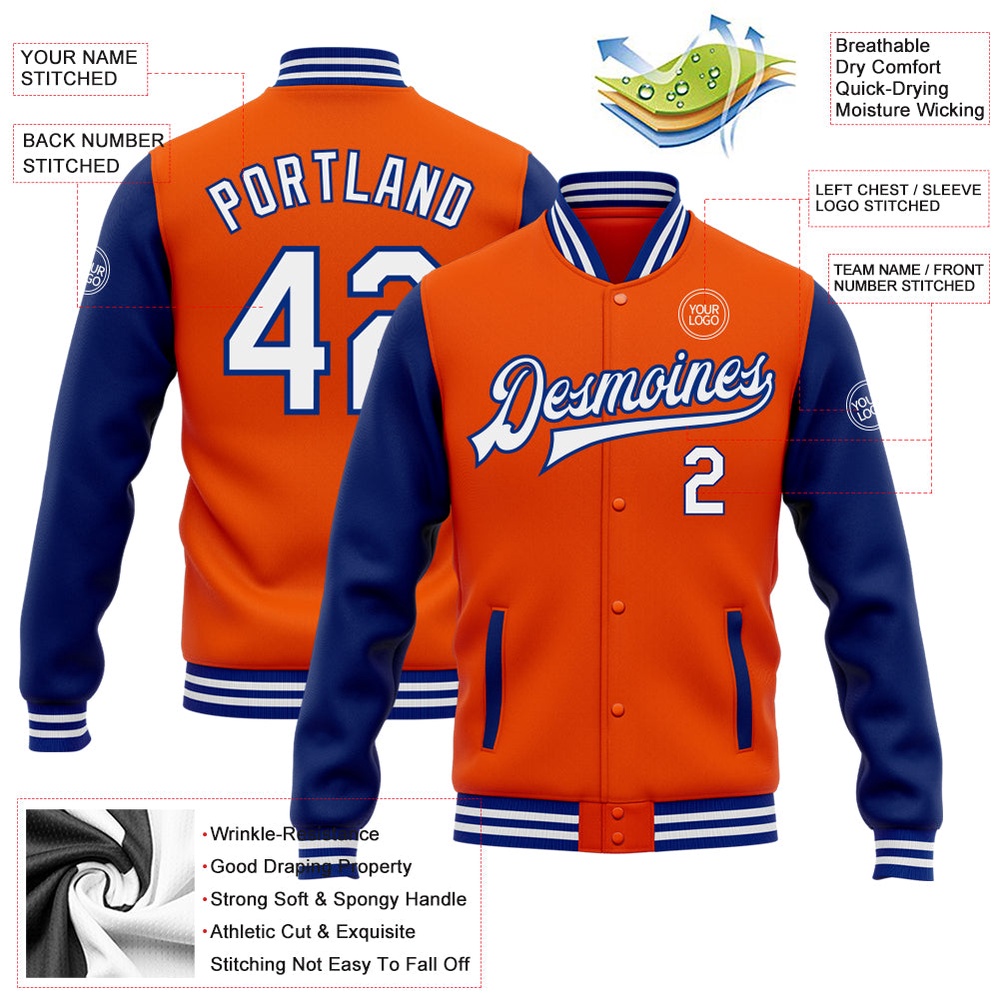 Custom Orange White Royal Bomber Full Snap Varsity Baseball Jacket, Custom Team Jacket Custom Orange White Royal Bomber Full Snap Varsity Baseball Jacket, Custom Team Jacket