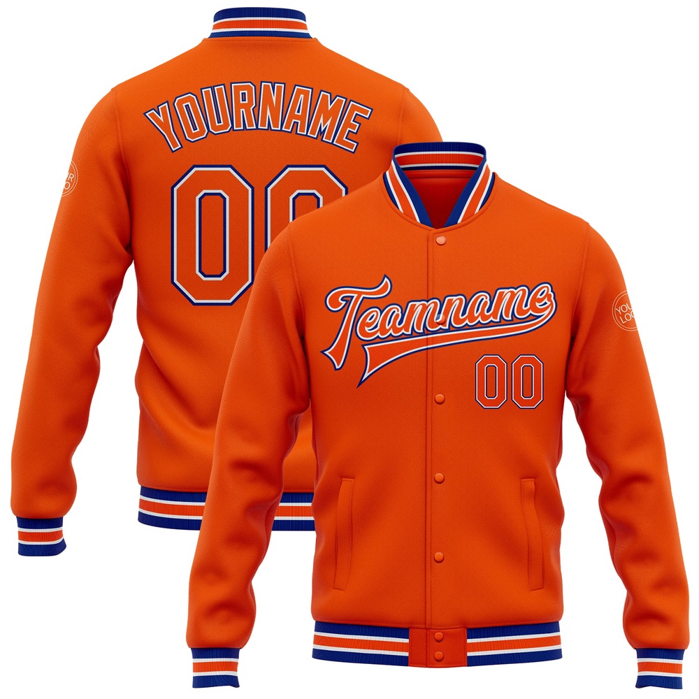 Custom Orange White Royal Bomber Full Snap Varsity Letterman Jacket, Custom Team Jacket Custom Orange White Royal Bomber Full Snap Varsity Letterman Jacket, Custom Team Jacket