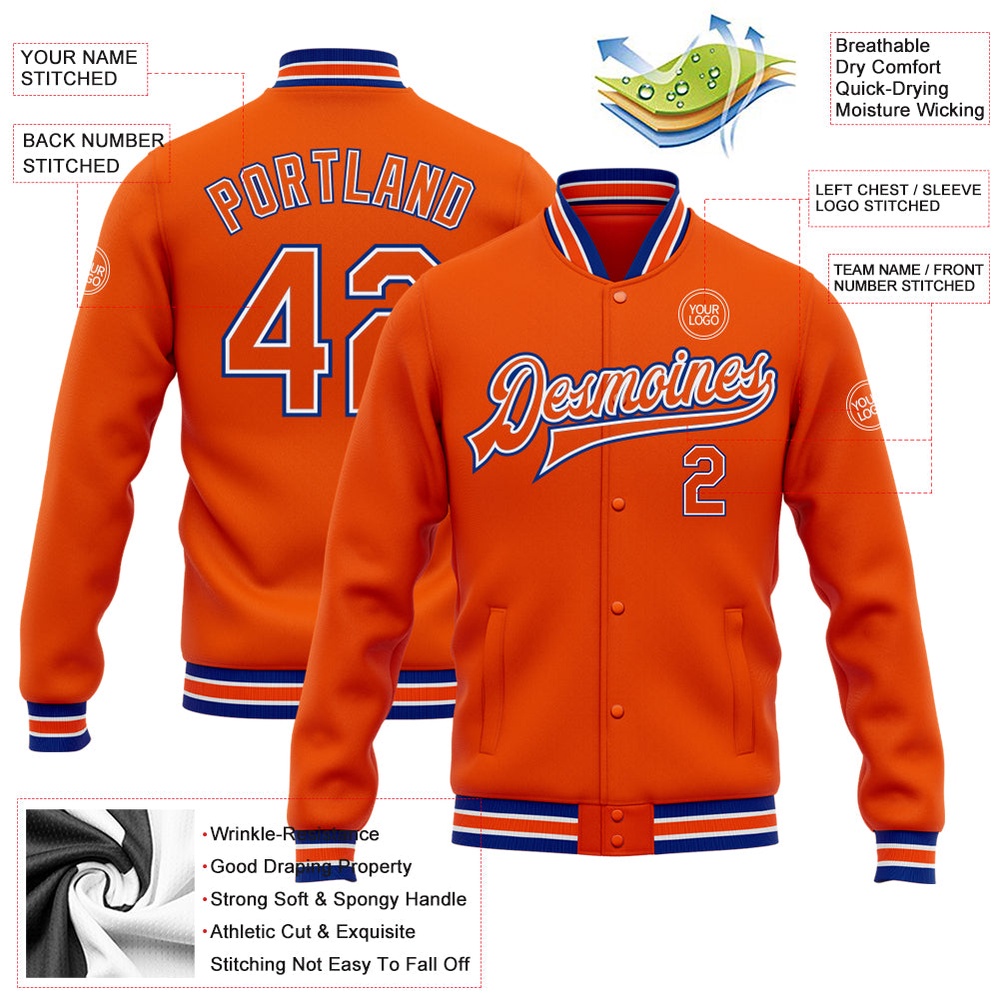 Custom Orange White Royal Bomber Full Snap Varsity Letterman Jacket, Custom Team Jacket Custom Orange White Royal Bomber Full Snap Varsity Letterman Jacket, Custom Team Jacket