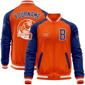 Custom Orange White Royal Bomber Varsity Baseball…