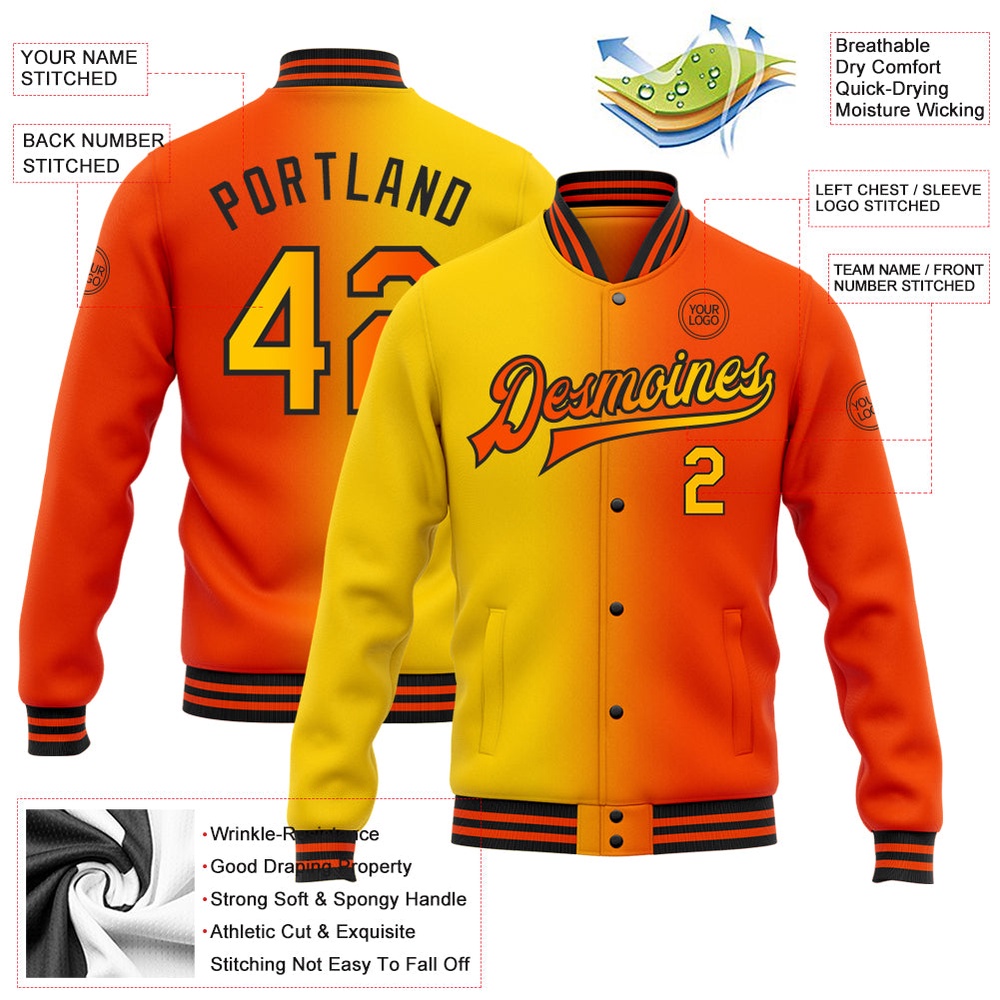 Custom Orange Yellow Black Bomber Full Snap Varsity Letterman Gradient Fashion Jacket, Custom Team Jacket Custom Orange Yellow Black Bomber Full Snap Varsity Letterman Gradient Fashion Jacket, Custom Team Jacket