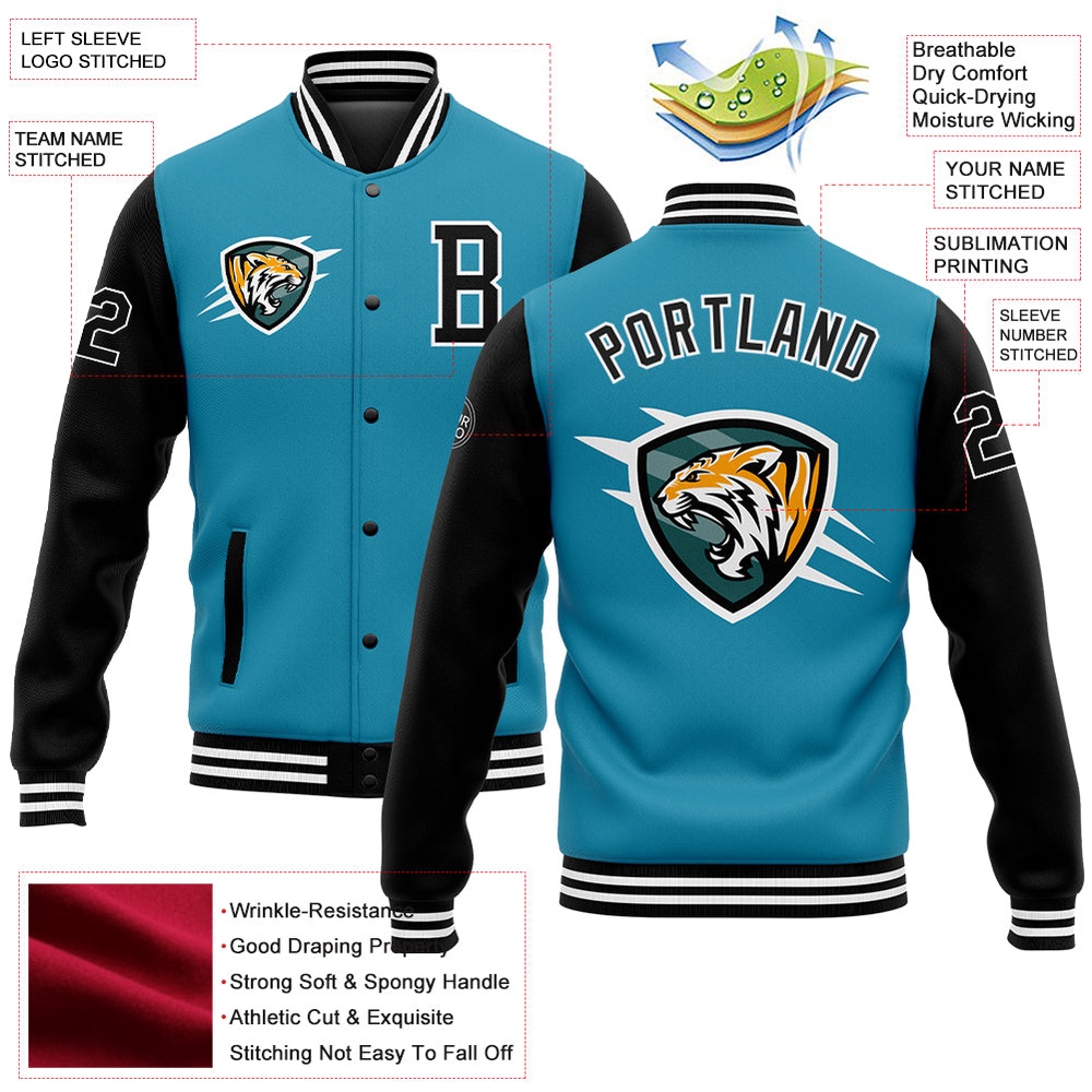 Custom Panther Blue Black White 3D Pattern Design Bomber Full Snap Baseball Jacket, Custom Team Jacket Custom Panther Blue Black White 3D Pattern Design Bomber Full Snap Baseball Jacket, Custom Team Jacket
