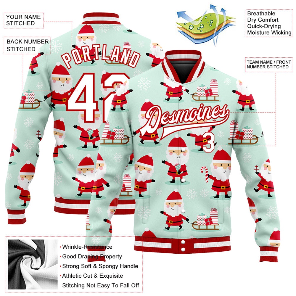 Custom Pea Green White Red Christmas 3D Bomber Full Snap Baseball Jacket, Custom Team Jacket Custom Pea Green White Red Christmas 3D Bomber Full Snap Baseball Jacket, Custom Team Jacket