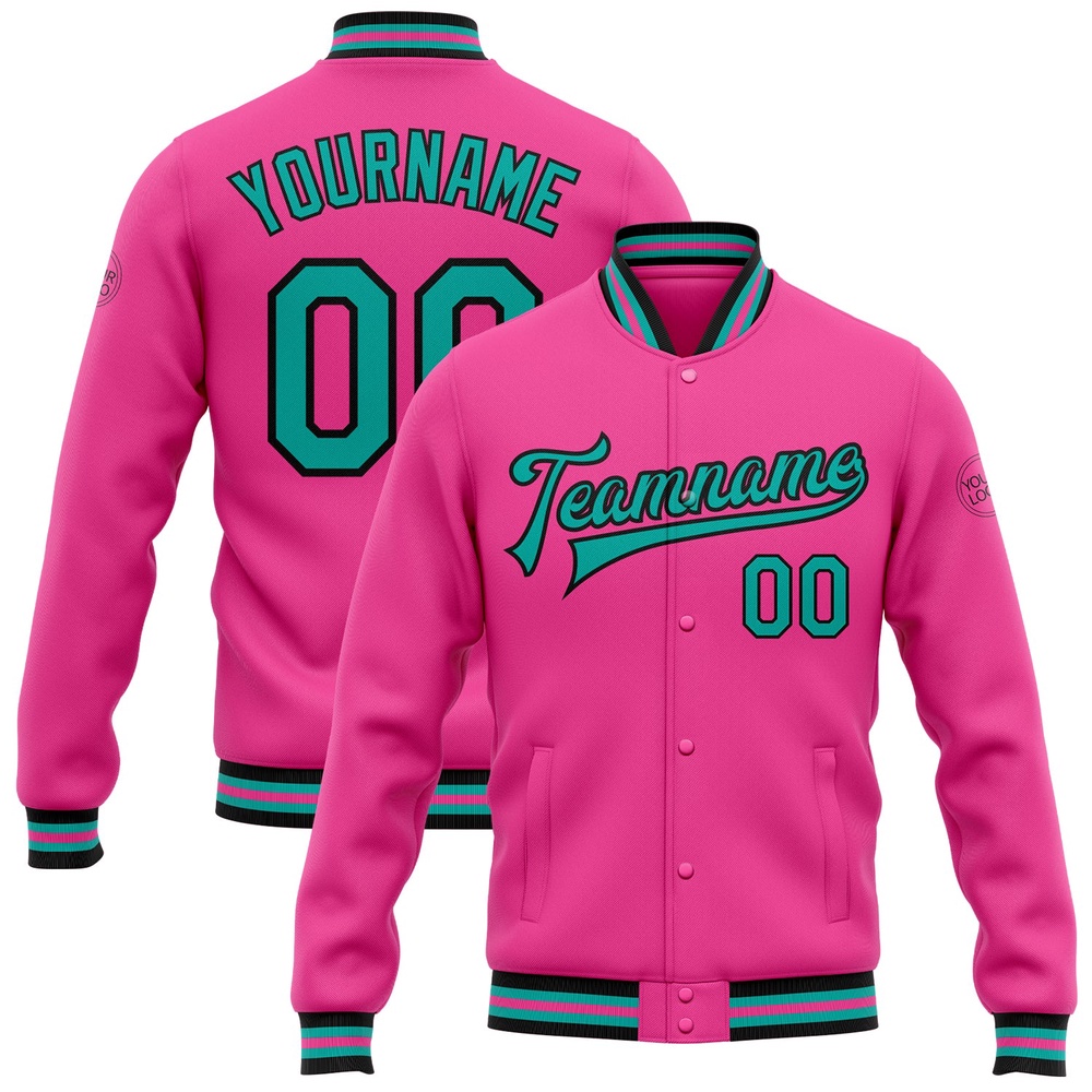 Custom Pink Aqua Black Bomber Full Snap Baseball Jacket, Custom Team Jacket