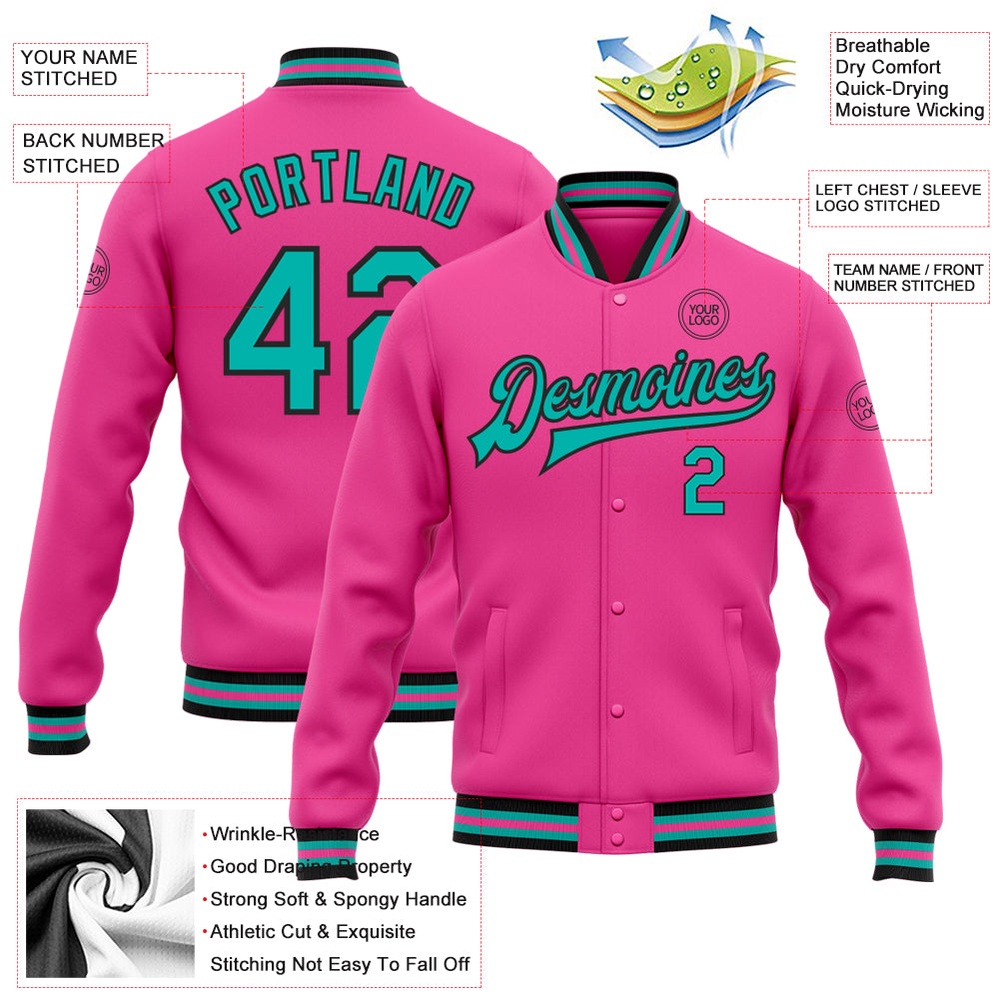 Custom Pink Aqua Black Bomber Full Snap Baseball Jacket, Custom Team Jacket
