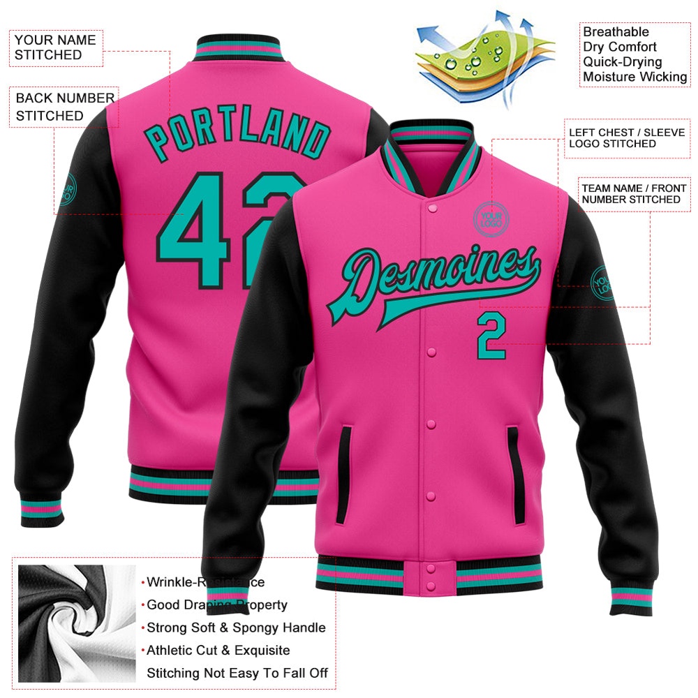 Custom Pink Aqua Black Bomber Full Snap Varsity Baseball Jacket, Custom Team Jacket