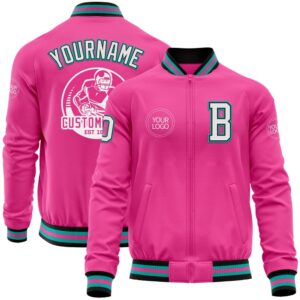 Custom Pink Black Aqua Bomber Varsity Baseball…
