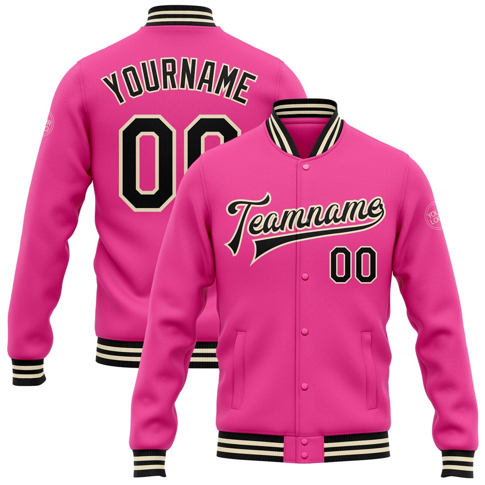 Custom Pink Black Cream Bomber Full Snap Baseball Jacket, Custom Team Jacket
