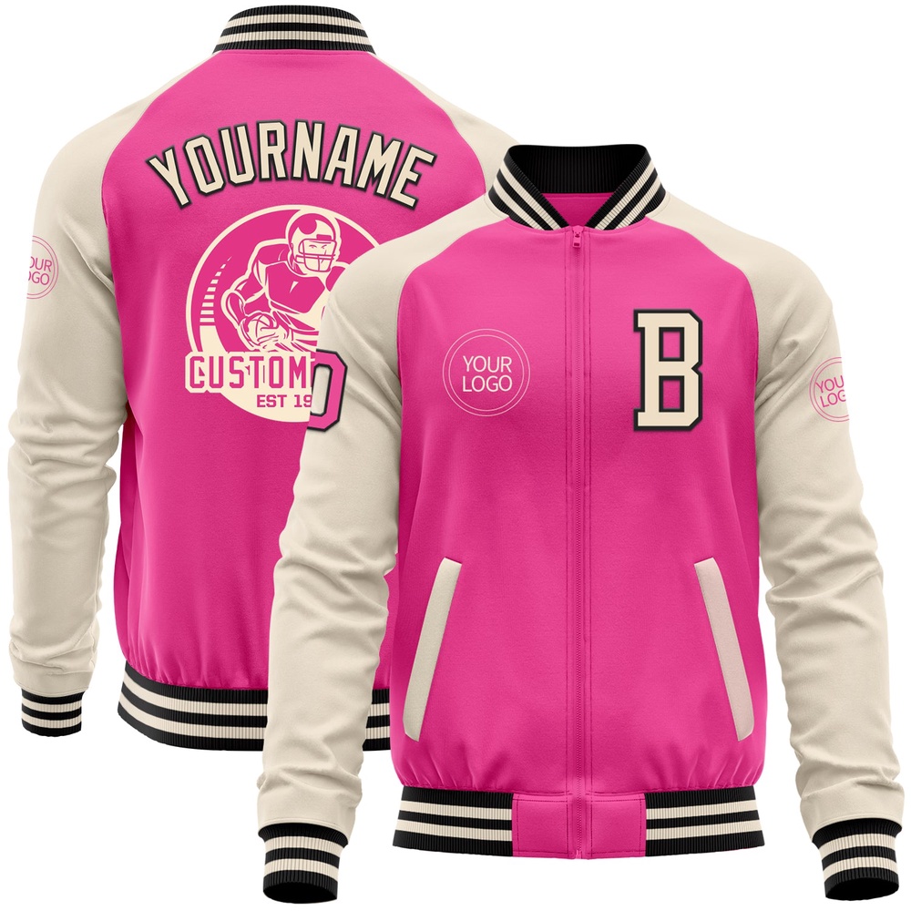 Custom Pink Black Cream Bomber Varsity Baseball Jacket, Custom Team Jacket