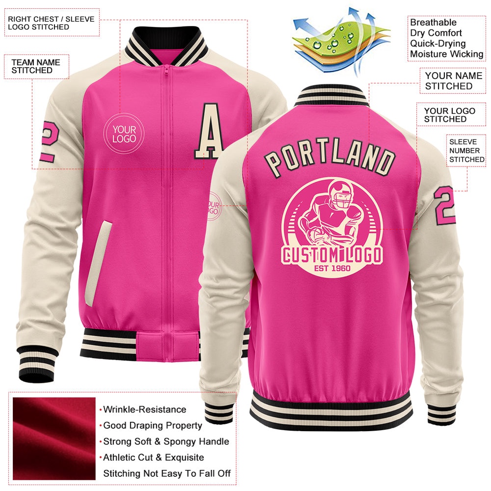 Custom Pink Black Cream Bomber Varsity Baseball Jacket, Custom Team Jacket