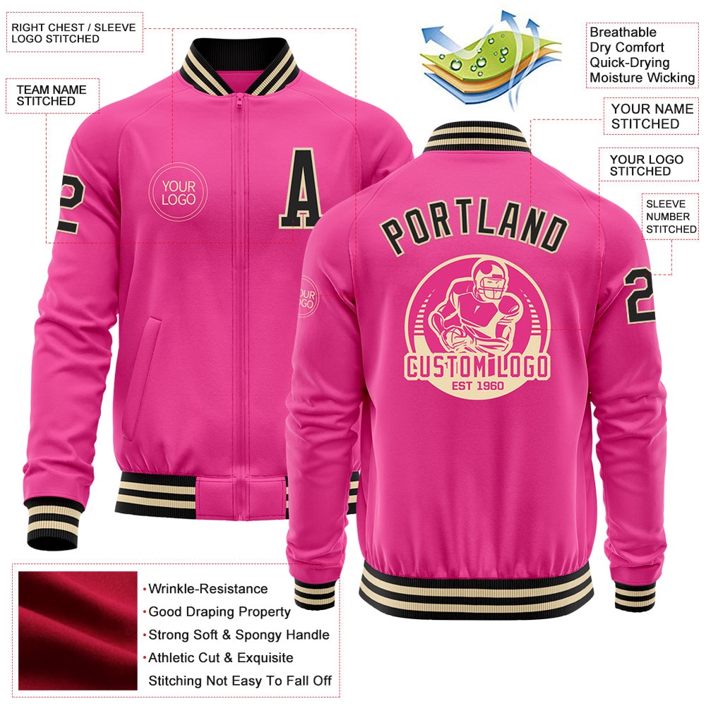 Custom Pink Black Cream Bomber Varsity Letterman Zipper Jacket, Custom Team Jacket