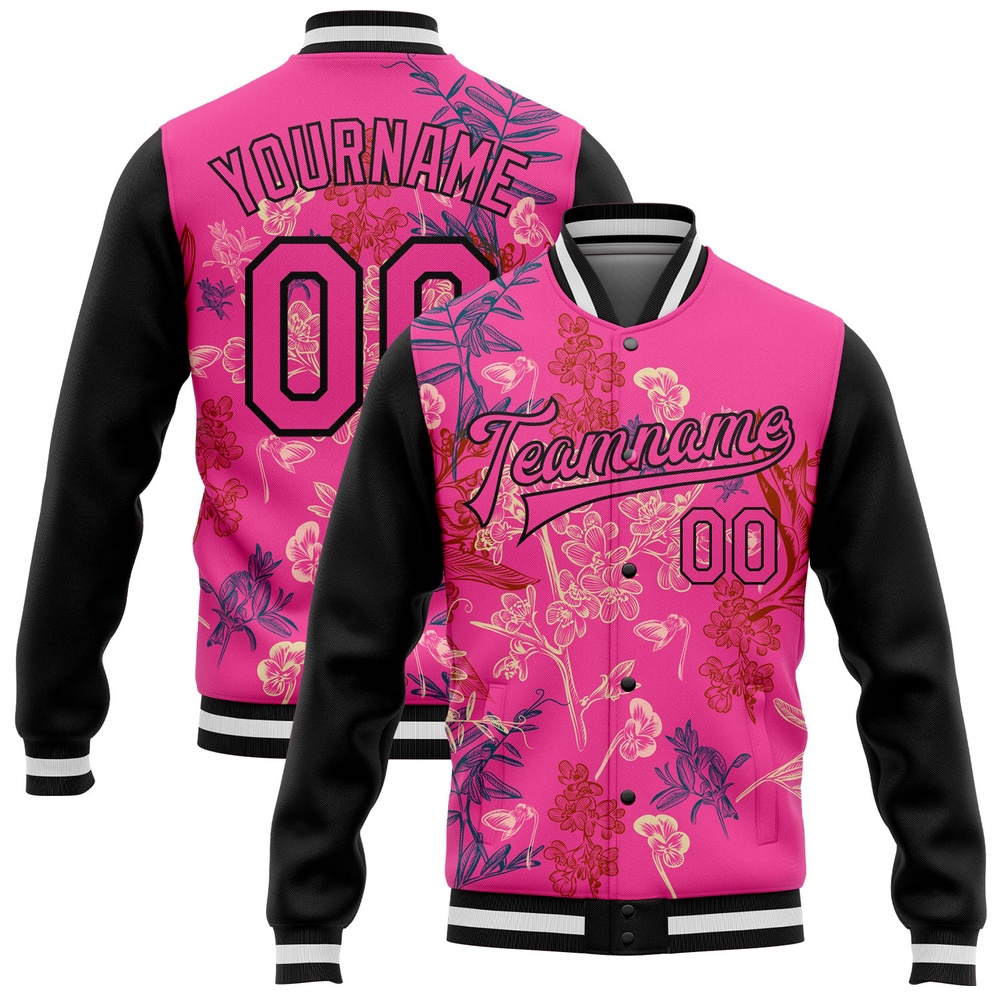 Custom Pink Black Flowers 3D Pattern Design Bomber Full Snap Baseball Jacket, Custom Team Jacket Custom Pink Black Flowers 3D Pattern Design Bomber Full Snap Baseball Jacket, Custom Team Jacket
