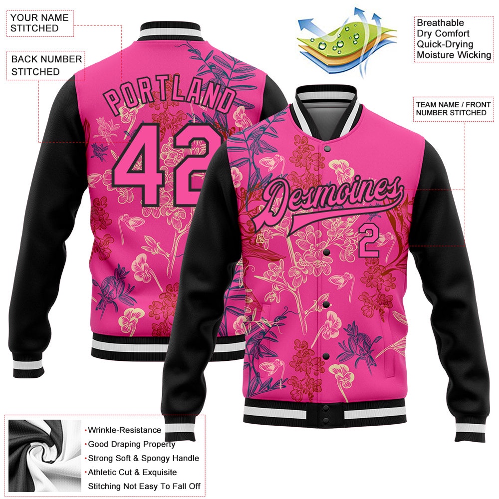 Custom Pink Black Flowers 3D Pattern Design Bomber Full Snap Baseball Jacket, Custom Team Jacket Custom Pink Black Flowers 3D Pattern Design Bomber Full Snap Baseball Jacket, Custom Team Jacket