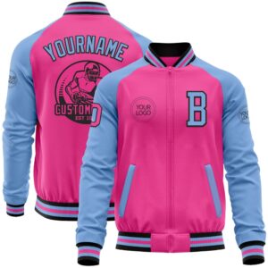 Custom Pink Black Light Blue Bomber Varsity…