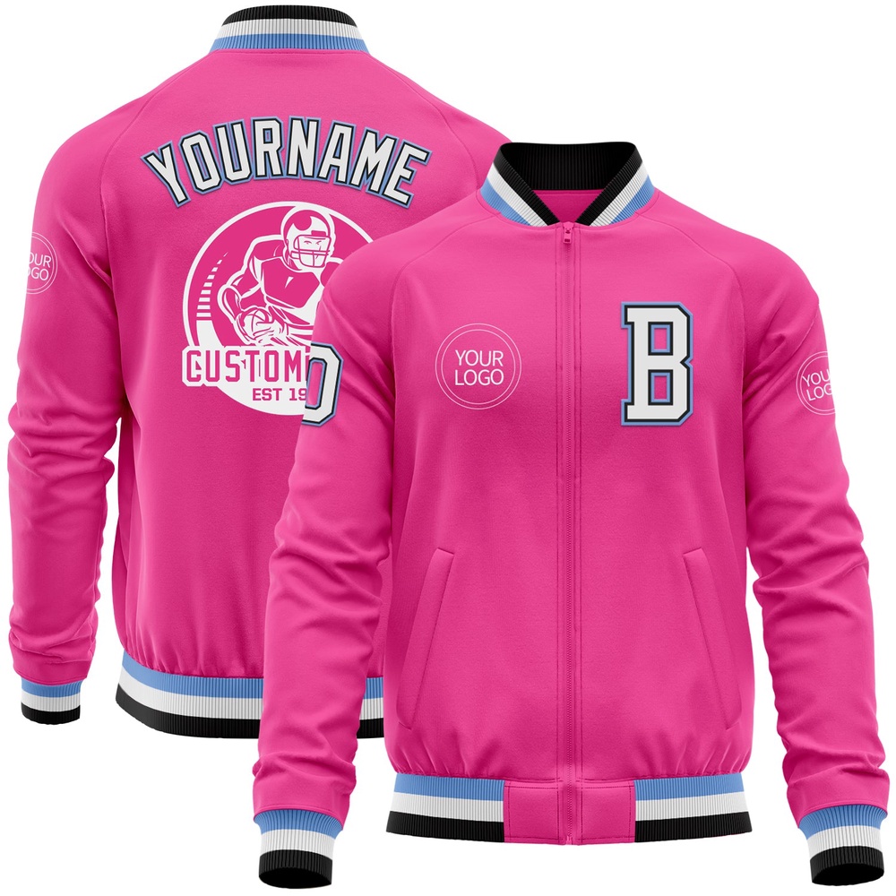 Custom Pink Black Light Blue Bomber Varsity Letterman Zipper Jacket, Custom Team Jacket