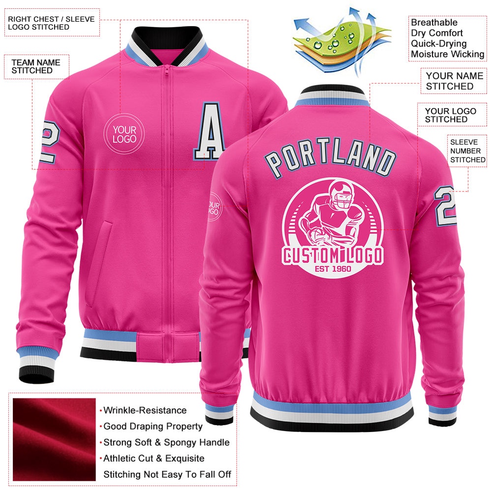 Custom Pink Black Light Blue Bomber Varsity Letterman Zipper Jacket, Custom Team Jacket
