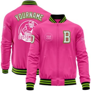 Custom Pink Black Neon Green Bomber Varsity…