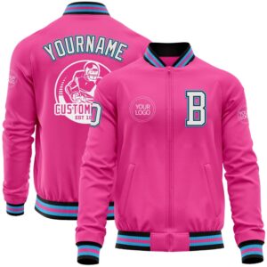 Custom Pink Black Sky Blue Bomber Varsity…