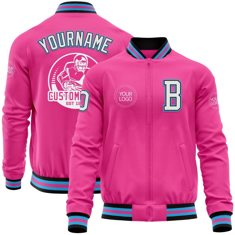 Custom Pink Black Sky Blue Bomber Varsity Baseball Jacket, Custom Team Jacket