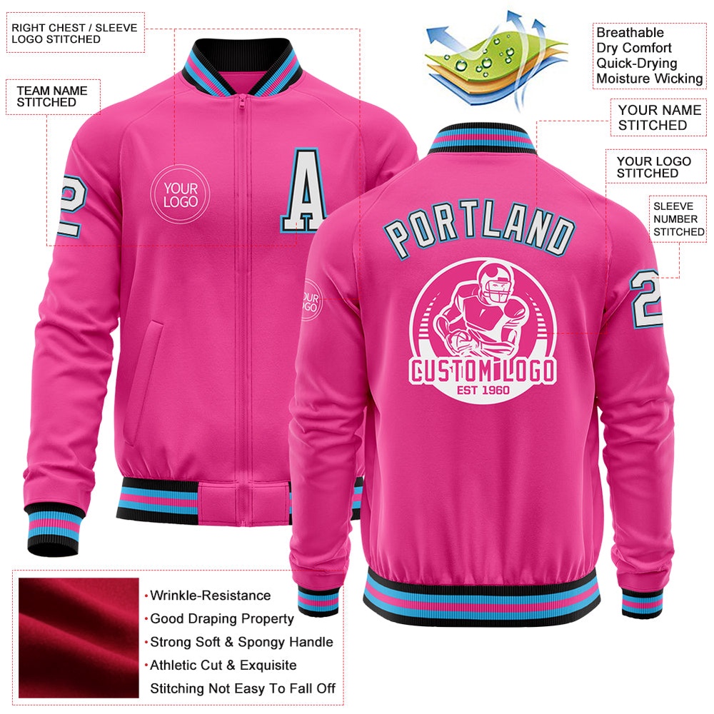 Custom Pink Black Sky Blue Bomber Varsity Baseball Jacket, Custom Team Jacket