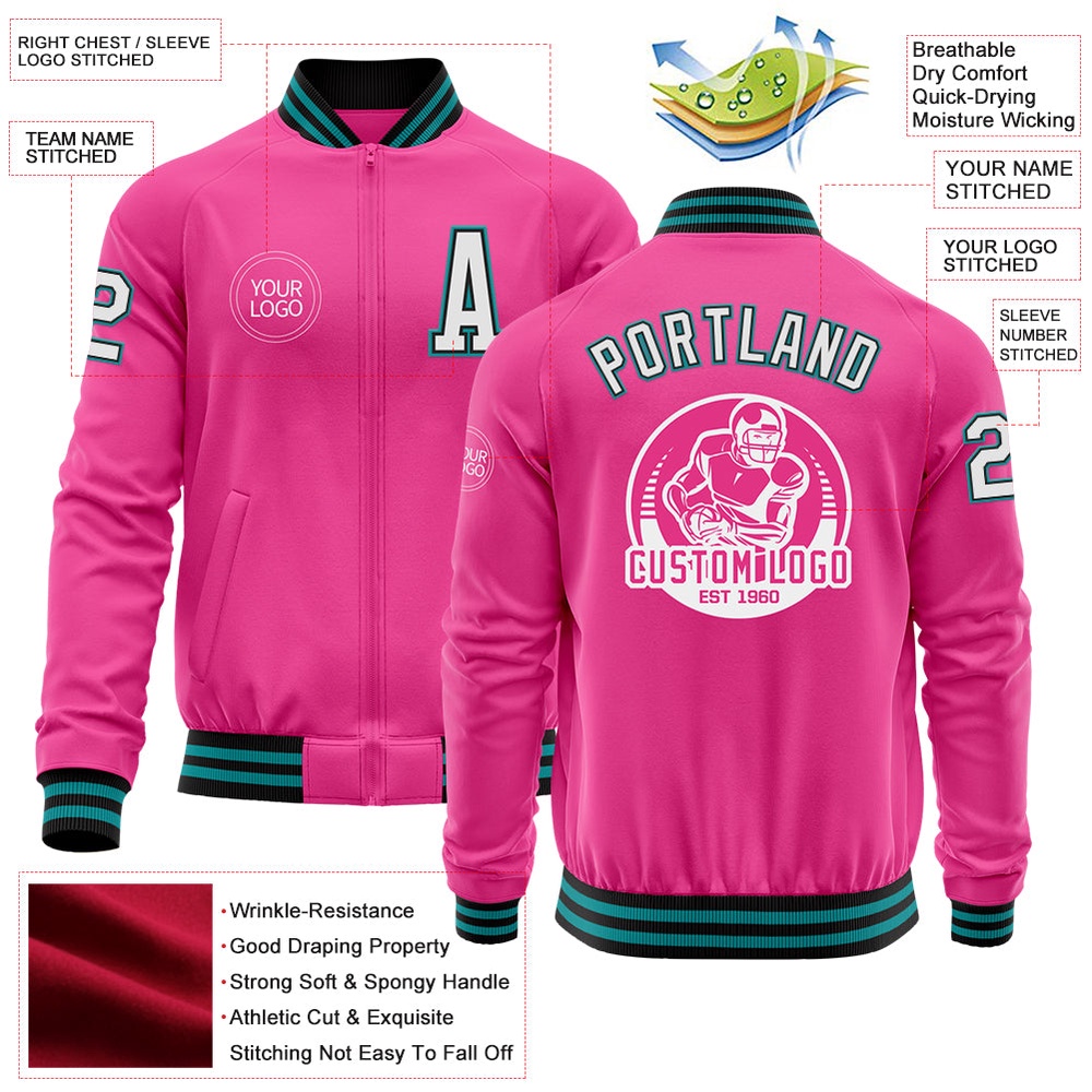 Custom Pink Black Teal Bomber Varsity Baseball Jacket, Custom Team Jacket