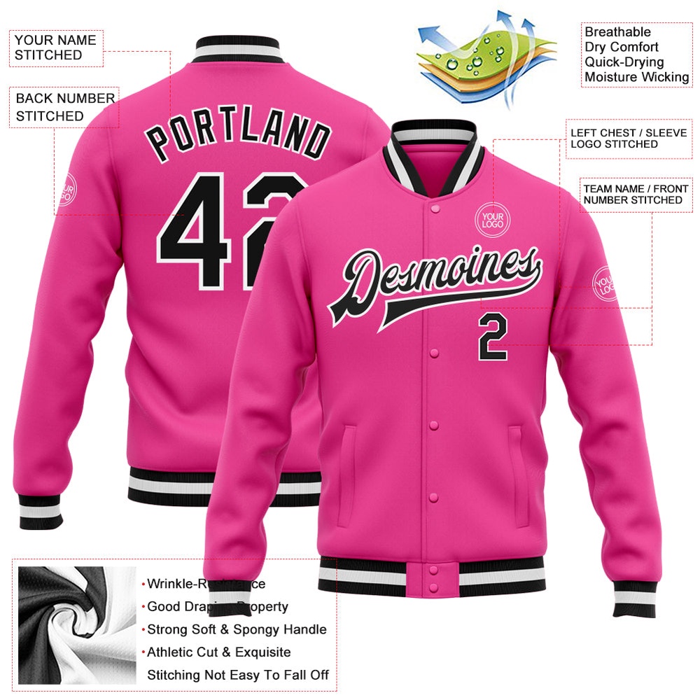 Custom Pink Black White Bomber Full Snap Baseball Jacket, Custom Team Jacket