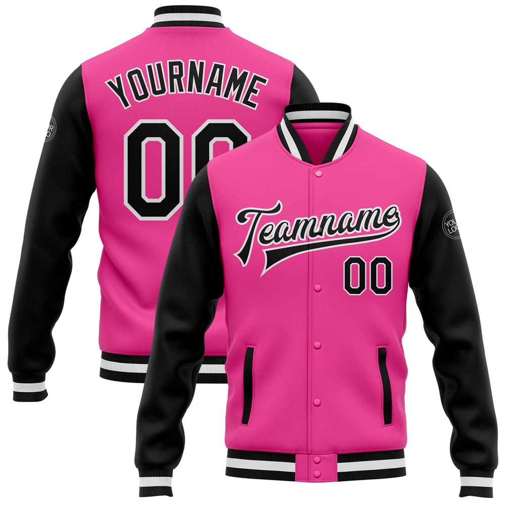 Custom Pink Black White Bomber Full Snap Varsity Baseball Jacket, Custom Team Jacket