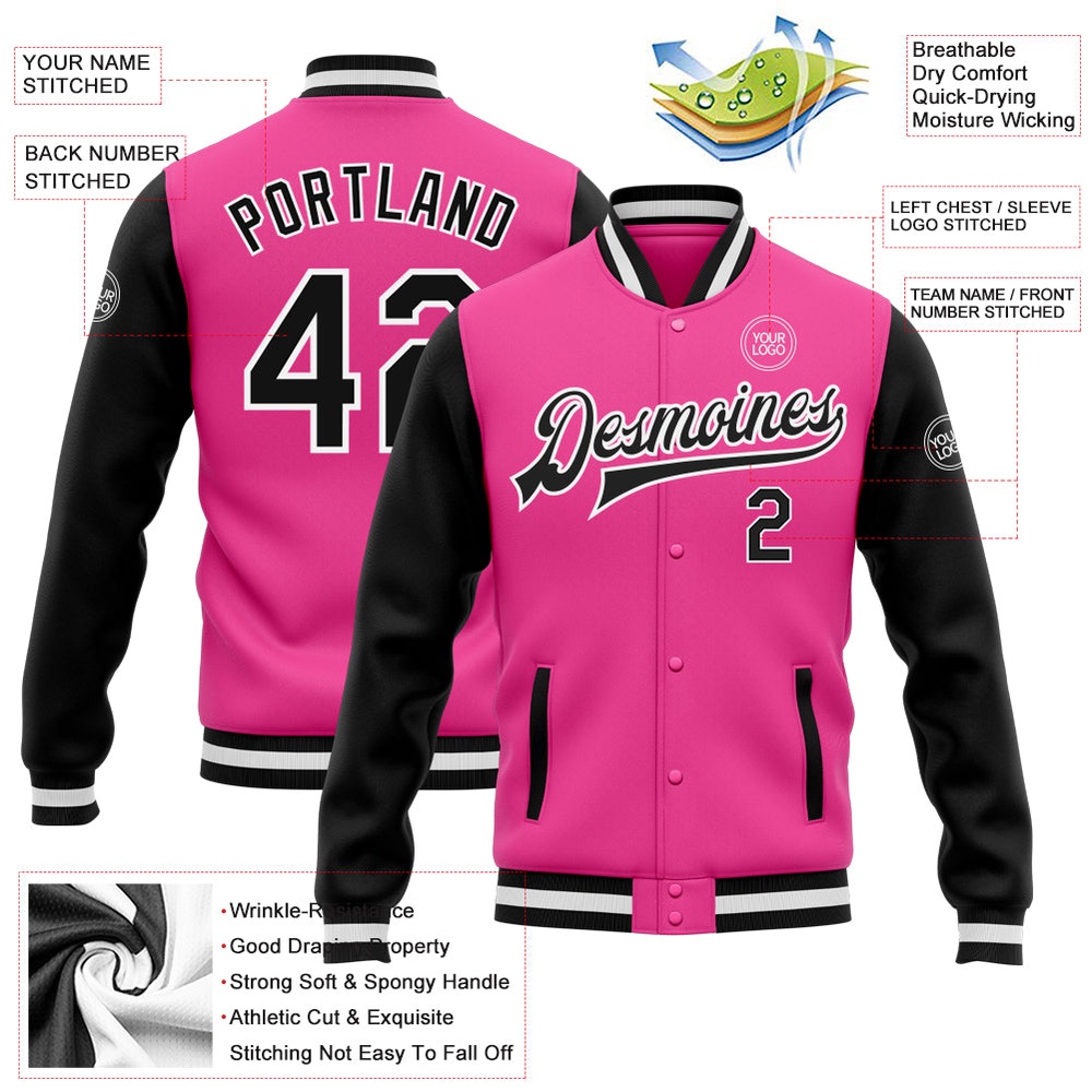 Custom Pink Black White Bomber Full Snap Varsity Baseball Jacket, Custom Team Jacket