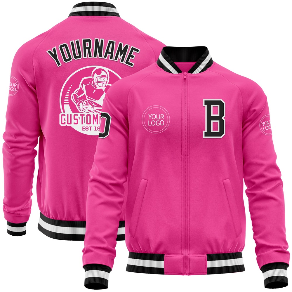 Custom Pink Black White Bomber Varsity Baseball Jacket, Custom Team Jacket Custom Pink Black White Bomber Varsity Baseball Jacket, Custom Team Jacket