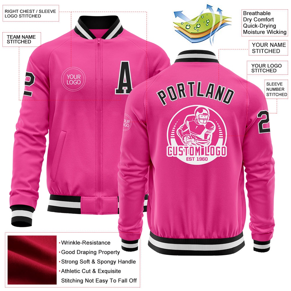 Custom Pink Black White Bomber Varsity Baseball Jacket, Custom Team Jacket Custom Pink Black White Bomber Varsity Baseball Jacket, Custom Team Jacket