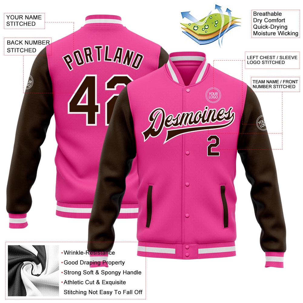 Custom Pink Brown White Bomber Full Snap Varsity Baseball Jacket, Custom Team Jacket Custom Pink Brown White Bomber Full Snap Varsity Baseball Jacket, Custom Team Jacket