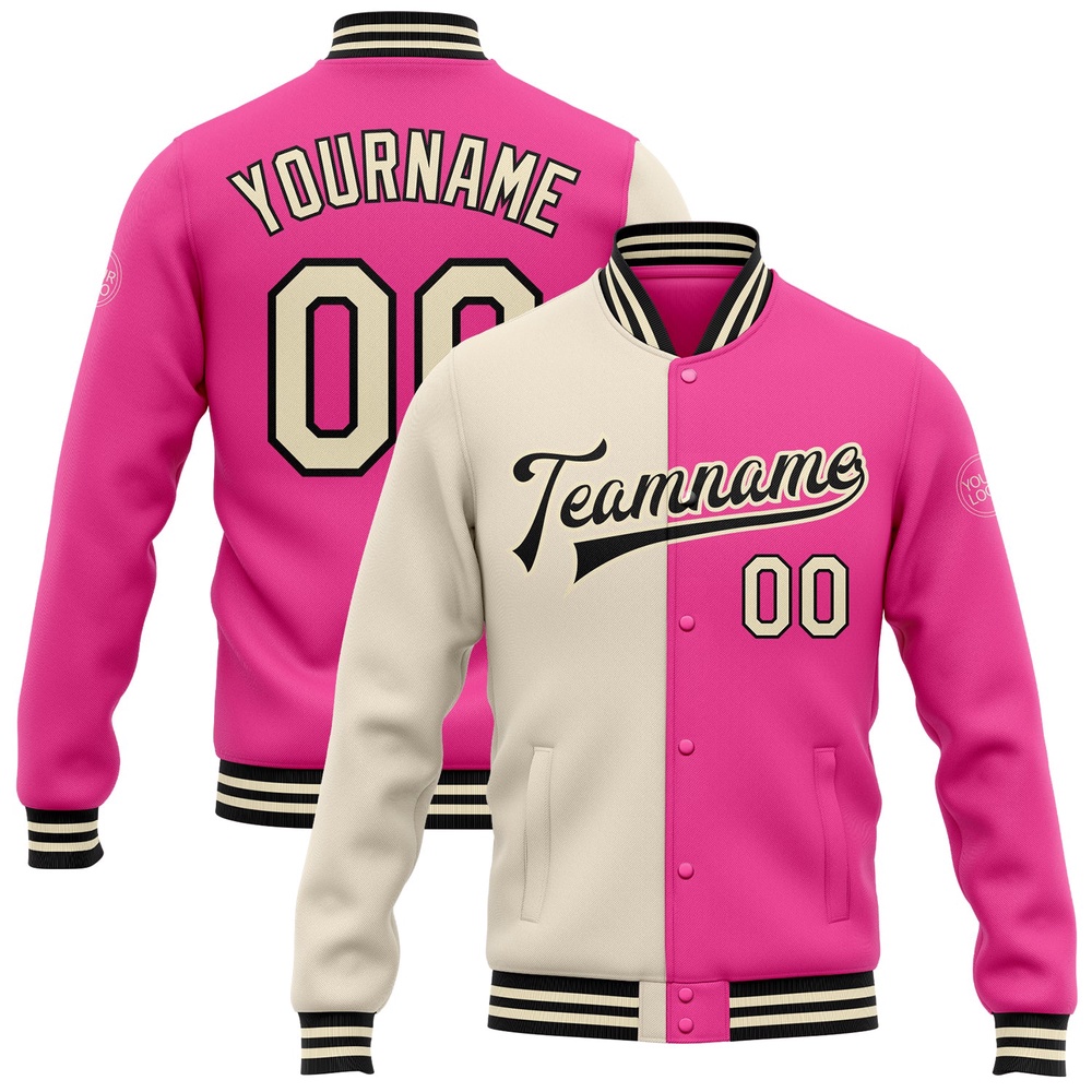 Custom Pink Cream Black Bomber Full Snap Varsity Letterman Split Fashion Jacket, Custom Team Jacket Custom Pink Cream Black Bomber Full Snap Varsity Letterman Split Fashion Jacket, Custom Team Jacket