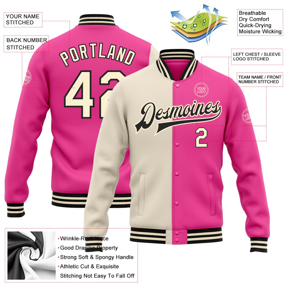 Custom Pink Cream Black Bomber Full Snap Varsity Letterman Split Fashion Jacket, Custom Team Jacket Custom Pink Cream Black Bomber Full Snap Varsity Letterman Split Fashion Jacket, Custom Team Jacket