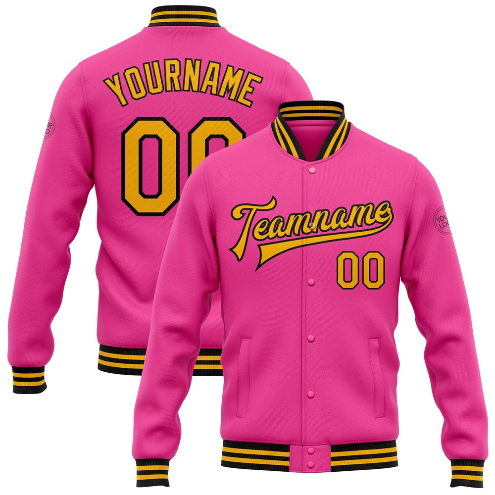 Custom Pink Gold Black Bomber Full Snap Baseball Jacket, Custom Team Jacket Custom Pink Gold Black Bomber Full Snap Baseball Jacket, Custom Team Jacket