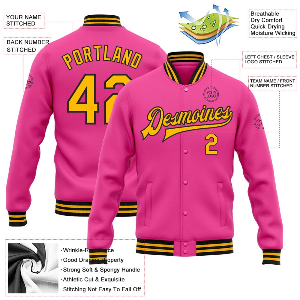 Custom Pink Gold Black Bomber Full Snap Baseball Jacket, Custom Team Jacket Custom Pink Gold Black Bomber Full Snap Baseball Jacket, Custom Team Jacket