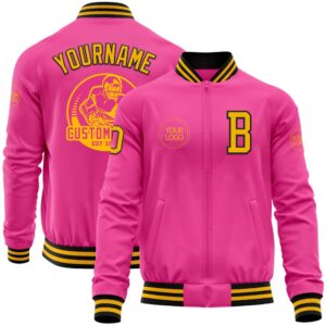 Custom Pink Gold Black Bomber Varsity Baseball…