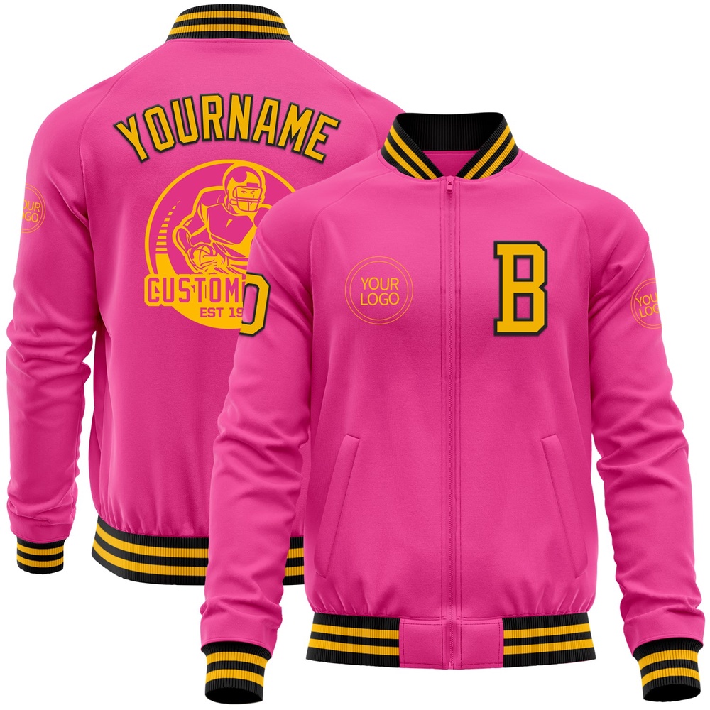 Custom Pink Gold Black Bomber Varsity Baseball Jacket, Custom Team Jacket Custom Pink Gold Black Bomber Varsity Baseball Jacket, Custom Team Jacket