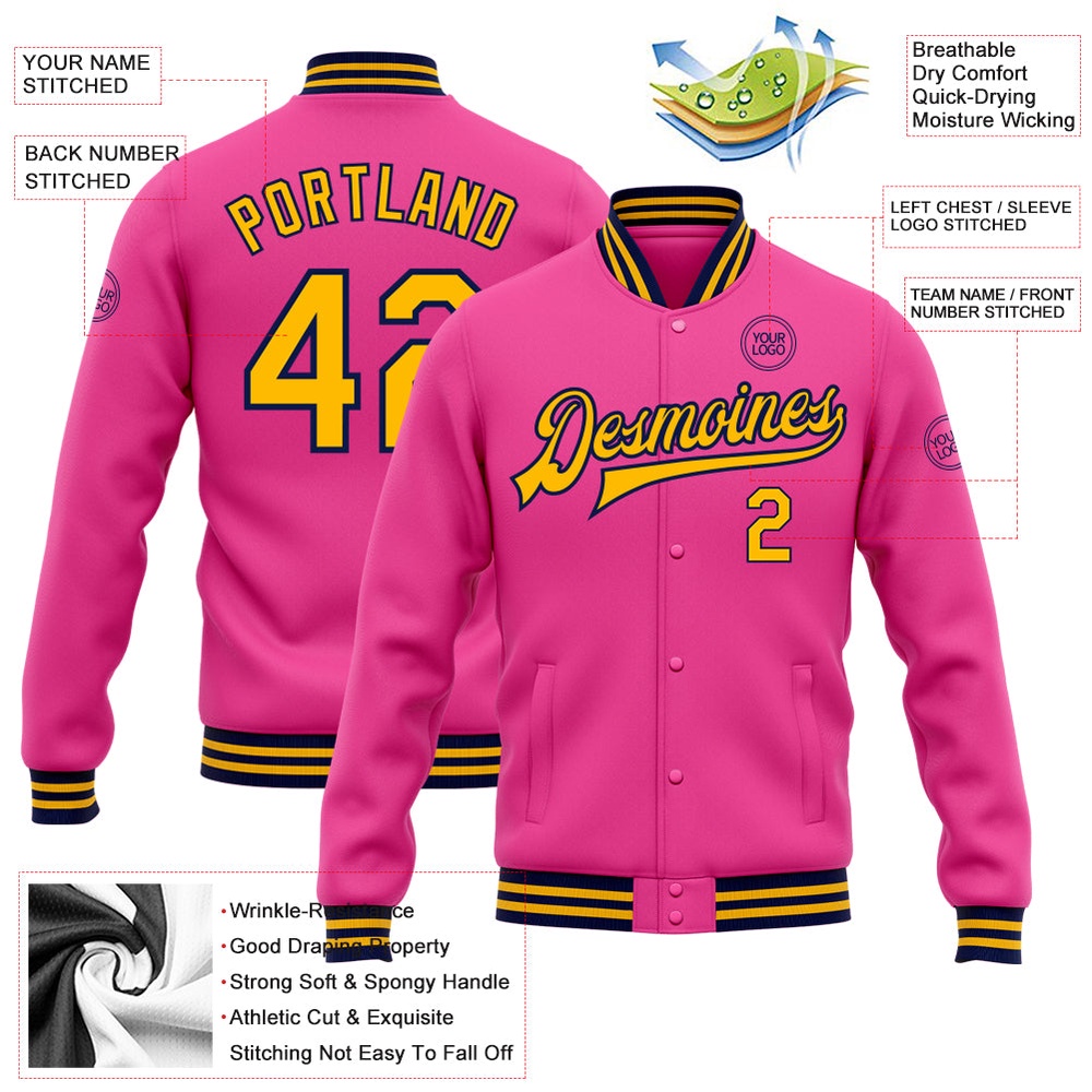 Custom Pink Gold Navy Bomber Full Snap Baseball Jacket, Custom Team Jacket Custom Pink Gold Navy Bomber Full Snap Baseball Jacket, Custom Team Jacket