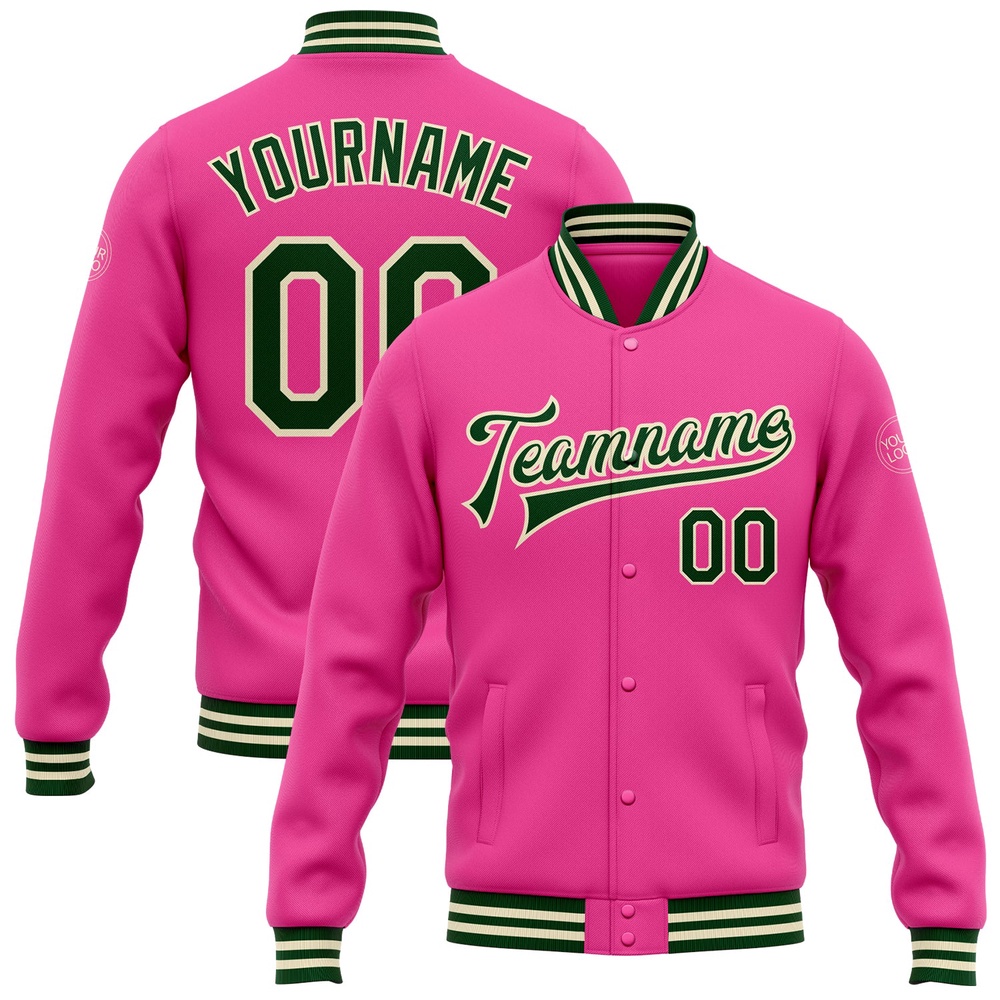 Custom Pink Green Cream Bomber Full Snap Baseball Jacket, Custom Team Jacket Custom Pink Green Cream Bomber Full Snap Baseball Jacket, Custom Team Jacket