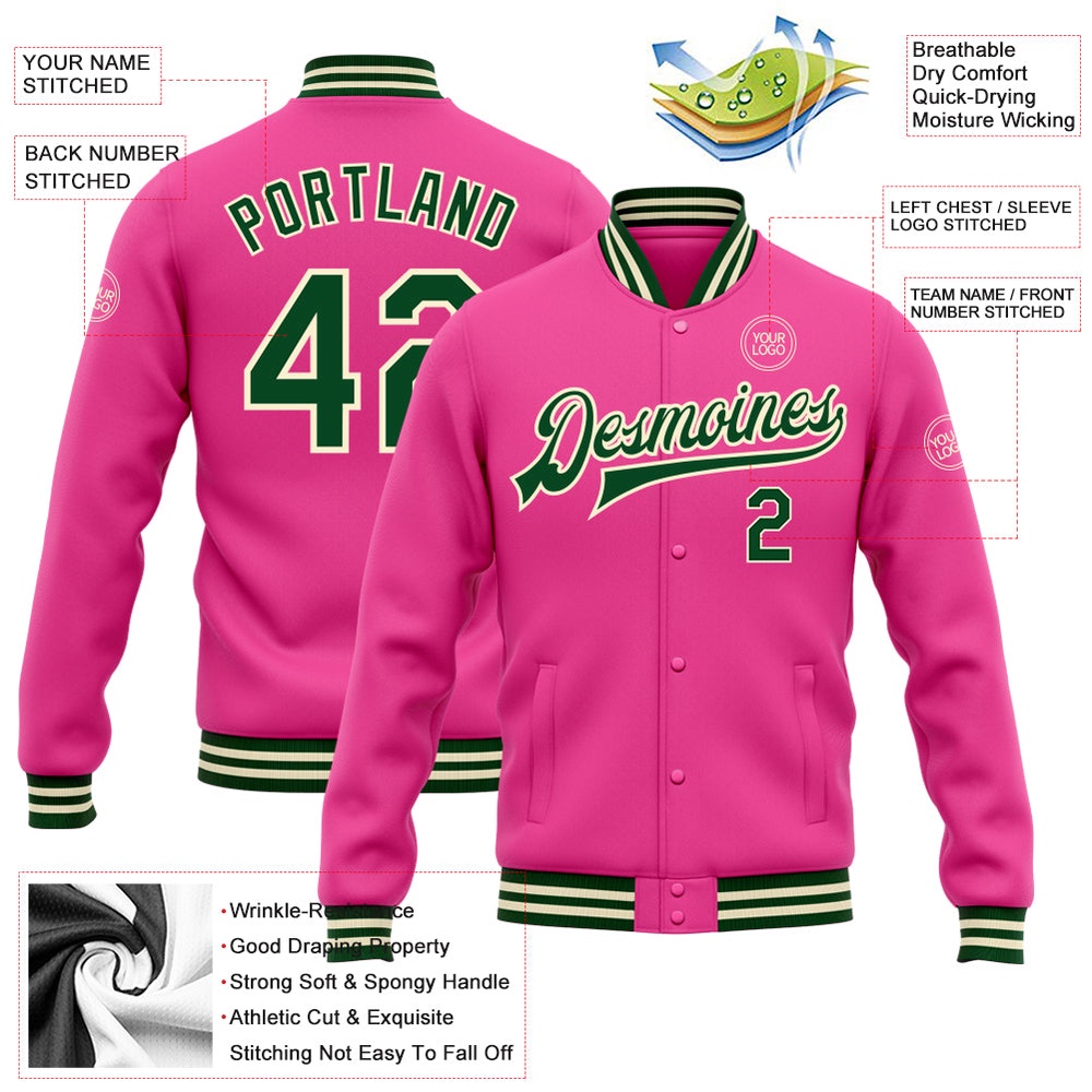 Custom Pink Green Cream Bomber Full Snap Baseball Jacket, Custom Team Jacket Custom Pink Green Cream Bomber Full Snap Baseball Jacket, Custom Team Jacket