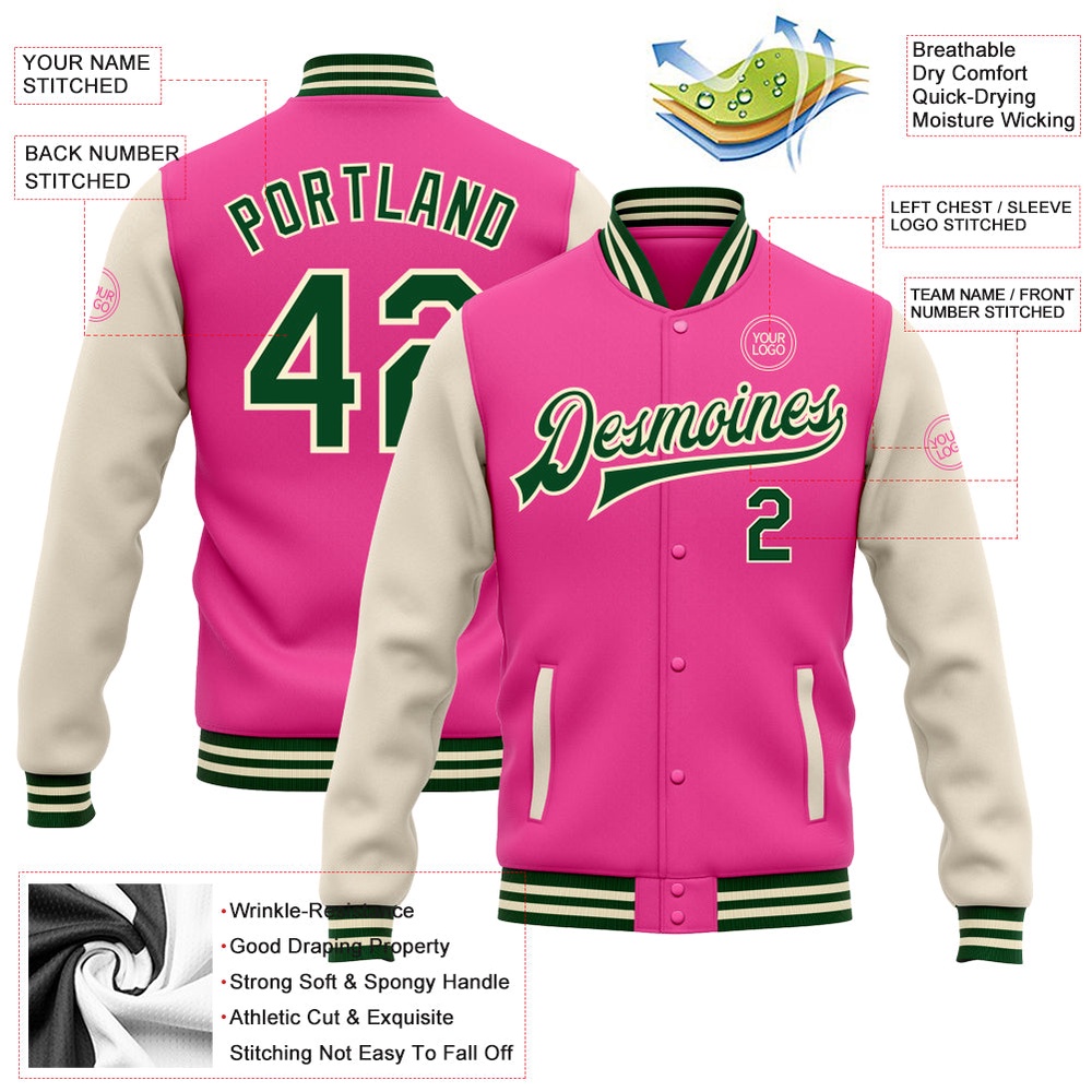 Custom Pink Green Cream Bomber Full Snap Varsity Baseball Jacket, Custom Team Jacket Custom Pink Green Cream Bomber Full Snap Varsity Baseball Jacket, Custom Team Jacket