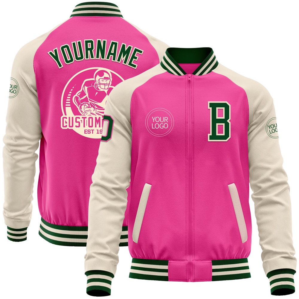 Custom Pink Green Cream Bomber Varsity Baseball Jacket, Custom Team Jacket Custom Pink Green Cream Bomber Varsity Baseball Jacket, Custom Team Jacket