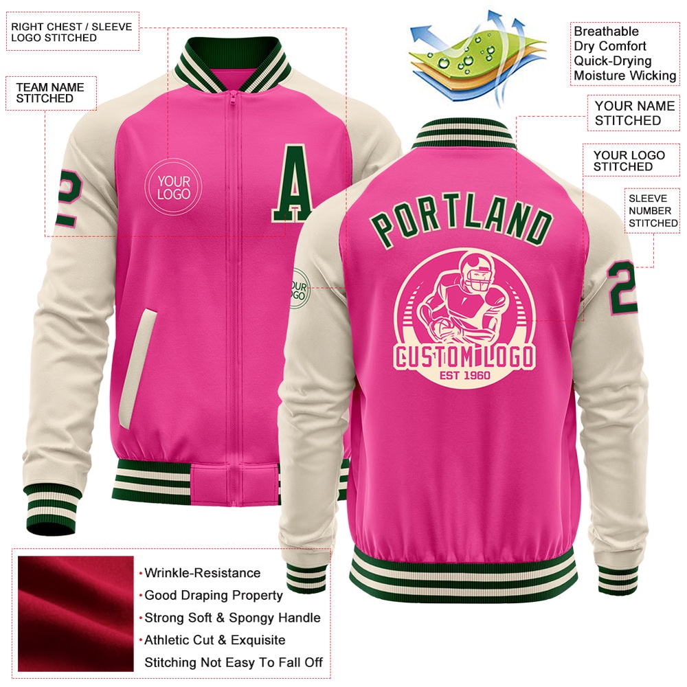 Custom Pink Green Cream Bomber Varsity Baseball Jacket, Custom Team Jacket Custom Pink Green Cream Bomber Varsity Baseball Jacket, Custom Team Jacket